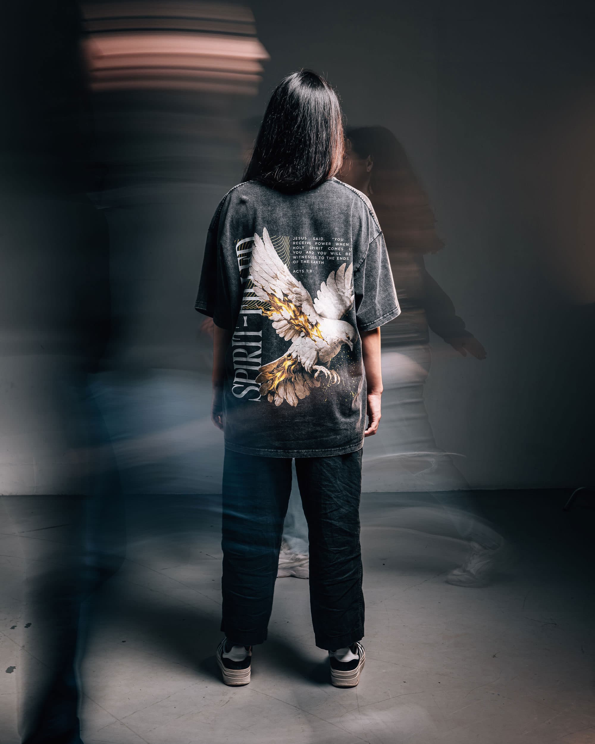 The dove print on the back of a Spirit-Filled tee, shot as a long exposure